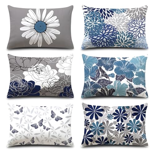 COMMINY Blue Grey Lumbar Pillow Covers 12x20 Set 6 Linen Throw Cover - color: Blue Daisy, size: 20" x 12" (Pack of 6)