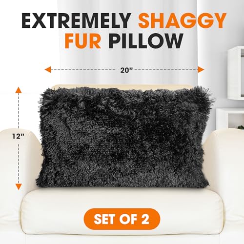 Cheer Collection Throw Pillows for Couch and Bed, Soft Shaggy Throw Pillows with Inserts Included, Cozy Long Hair Faux Fur Pillows - Set of 2-12" x 20" - Black - color: Black, size: 12" x 20"
