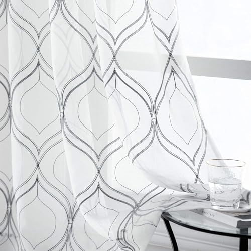 VISIONTEX White Sheer Curtains Grey Moroccan Embroidered 120 Inch Length - color: Moroccan-grey, size: 54"W x 120"L (Pack of 2)