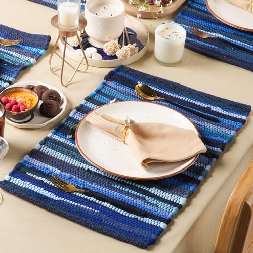 RAJRANG Navy Blue Chindi Cotton Placemats Set of 6 – Reversible Woven Table Mats 13x19 Inch for Dining Room, Kitchen, or Coffee Table Use - color: Navy