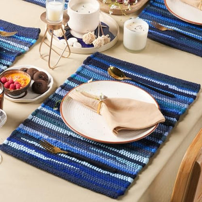 RAJRANG Navy Blue Chindi Cotton Placemats Set of 6 – Reversible Woven Table Mats 13x19 Inch for Dining Room, Kitchen, or Coffee Table Use - color: Navy