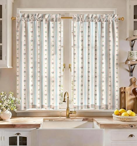 Miss Adola 45 Inch Length Kitchen Tier Curtains, Blue Striped - color: Blue Striped, size: 28"W x 45"L (Pack of 2)