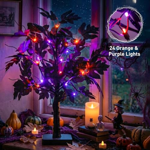 PEIDUO Halloween Tree Lights with Black Leaves Halloween Decorations - color: Black