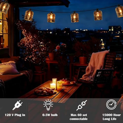 Natural Rattan String Lights, 10 Rustic Raffia Cage, 13 Ft Plug in & Connectable Wicker Lights,Black Rattan - color: Black Rattan