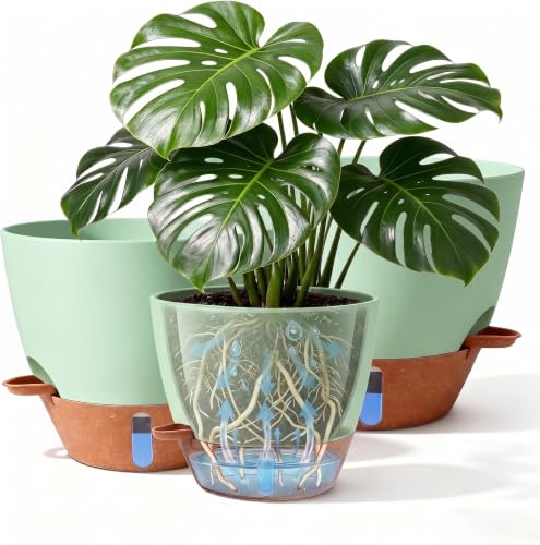 8/9/10 Inch Self Watering Pots, Plastic Flower Pots with Multi Mesh Drainage Holes and Water Level Indicator & Deep Reservoir for Indoor Outdoor Garden Plants and Flowers (Green) - color: Green