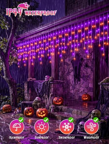 Halloween Icicle Lights Outdoor,300 LED Purple and Orange Lights - color: Orange Purple