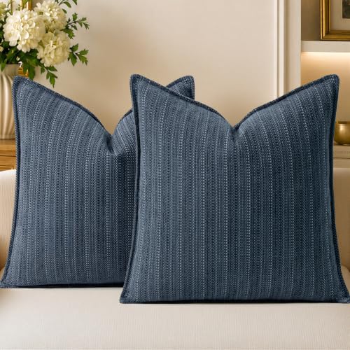 a moment Dark Blue Designer Textured Throw Pillow Covers 16x16 Set of 2 Vertical Striped Chenille Cushion Covers Decorative Pillowcases for Couch Sofa Bed Living Room Boho Farmhouse Home Decor - color: Dark Blue, size: 16" x 16" (Pack of 2)