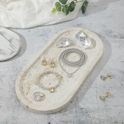 Natural Travertine Marble Tray, Bathroom Dresser Tray for Countertop, Decorative Dish Organizer for Jewelry, Toiletries, Cosmetics, Incense, Candles