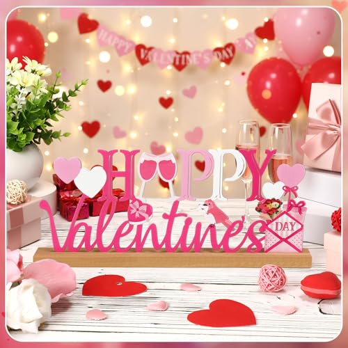 MiniInflat Happy Valentine's Day Metal Sign Valentines Heart Table Centerpiece Valentine's Tiered Tray Decor Pink and White Sign with Wood Base for Home Office Tabletop Mantel Shelf Fireplace Desktop - style: Happy Valentines