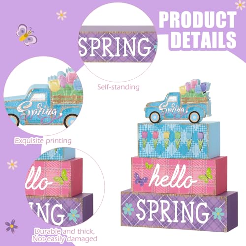 4 Pcs Spring Table Decor Farmhouse Tulip Wooden Sign Spring Wood Block Decorative Floral Truck Tiered Tray Decor Rustic Table Centerpieces for Home Kitchen Shelf Fireplace Desk Indoor - style: Tulip