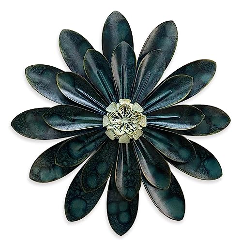 Metal Flower Wall Sculpture,12" Dark Blue Green Rustic Modern Floral Art - color: 03C-Dark Green