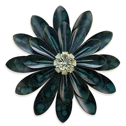 Metal Flower Wall Sculpture,12" Dark Blue Green Rustic Modern Floral Art - color: 03C-Dark Green