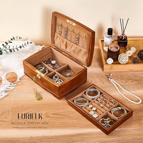 Wooden Jewelry Box with Lock and Key, Medium Size Case with Tray | Real Natural Wood, Lockable, Antique Style Organizer with Large Storage, Big Ring Compartments, Necklace Hooks, Brown