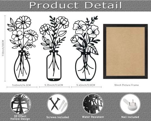 Lcaughsy Metal-Wall-Art Decoration - Metal Wall Decor Floral and Picture Frame For Living Room, 3 Pcs Hanging Wall Decor Art for Home Dining Room Bedroom Kitchen Farmhouse, Black