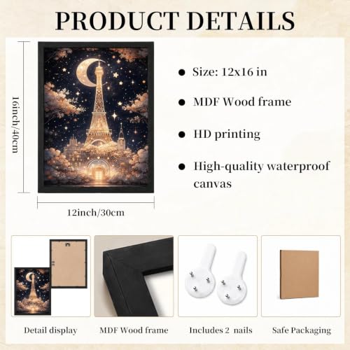 Framed Canvas Wall Art Paris Eiffel Tower Moon Night Wall Decor, 12x16 Inch - color: Gold2