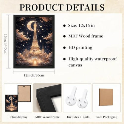 Framed Canvas Wall Art Paris Eiffel Tower Moon Night Wall Decor, 12x16 Inch - color: Gold2