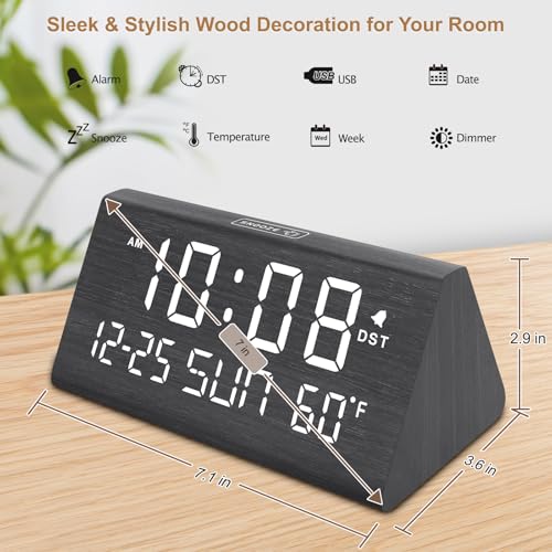DreamSky Digital Alarm Clock for Bedrooms - Wooden Desk Clock with Date - color: Black