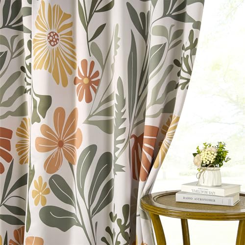 RoomTalks Cute Floral Blackout Window Curtains for Bedroom Living Room 84 Inches Length 2 Panels, Colorful Boho Matisse Flowers Botanical Curtain Panels Funky Aesthetic Window Drapes Green and Orange - color: Orange and Green