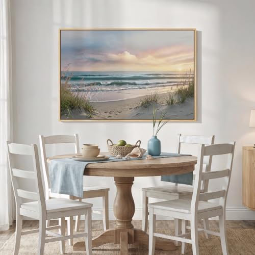 Framed Coastal Beach Sunset Landscape Wall Art for Living Room, 24x36 In - color: Blue-A