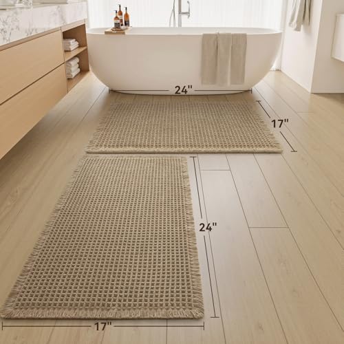 Upgraded Waffle Bath Mat Set of 2 Absorbent Non Slip Bathroom Mat 17" x 24" - color: Brown, size: 17" x 24" ( 2 PCS )