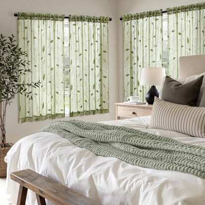 MIULEE Sage Green Sheer Curtains 2 Panels Leaf Patterned, W52 x L45 - color: Sage Green, size: 52"W x 45"L (Pack of 2)