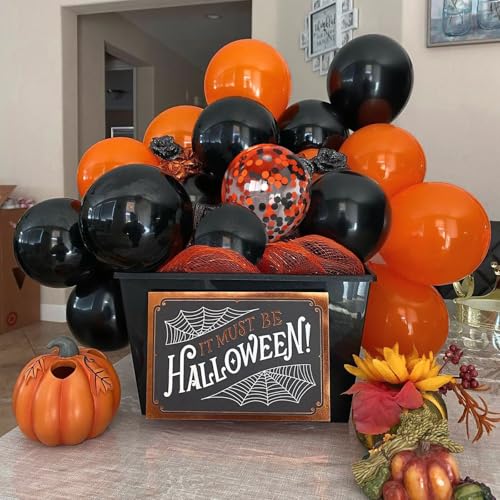 Patimate Black Orange Halloween Balloons Set, 50 pcs 12 inch Orange Black Confetti Latex Balloons Kit for Halloween Baby Shower Spooky Birthday Graduation Motorcycle Party Decorations - color: Black Orange