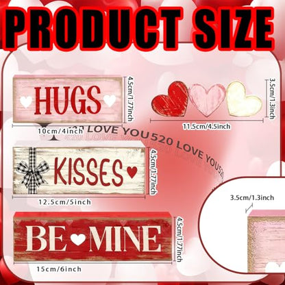 Valentines Day Decorations - Valentine Tiered Tray Decor Set - Wooden Table Decoration with Heart Signs - Rustic Farmhouse Valentine’s Day Home Decor Indoor for Shelf Mantel Coffee Table Gift - style: HUGS / KISSES