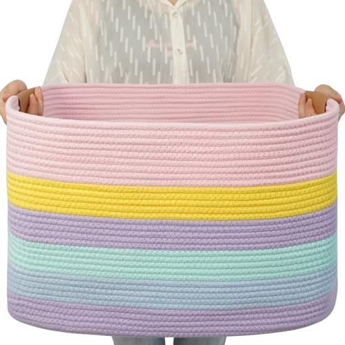 danpinera Large Laundry Basket, 108L Rectangle Woven Baskets for Storage for Living Room, Laundry, Nursery, Pillows, Baby Toy chest, Blanket Storage with Leather Handle, 25’’*16’’*16’’ Rainbow - color: Rainbow, size: 108L