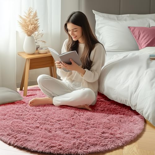 Blush Fluffy Round Rug Circle Area Rugs 4ft for Kids Girls Teen Bedroom - color: Blush, size: 4' (Round)