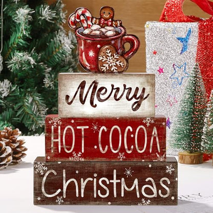 4Pcs Christmas Wooden Tabletop Decoration Hot Cocoa Wooden Block Signs Gift - style: Hot Cocoa