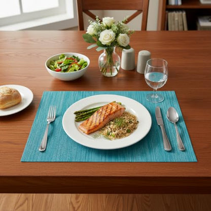 SHACOS Teal Blue Placemats Set of 4 Woven Vinyl Place Mats Easy Clean Dry - color: Teal Blue, size: Set of 4