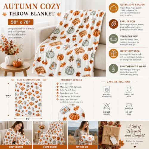 Fall Soft Fleece Throw Blanket, Pumpkin Spice Design, 50x70, Oversized - color: White Brown Tan