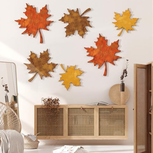 CroBlissful 6 Pcs Fall Maple Leaves Wall Decor Autumn Wooden Wall Art - size: 9.45 in, style: Solid