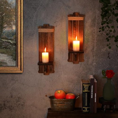Alphatool Handmade Wooden Candle Sconces Set of 2 Farmhouse Wall Decor - color: Brown