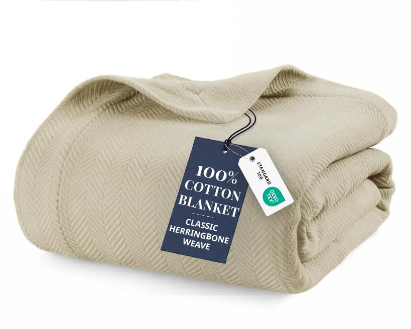 LANE LINEN 100% Cotton Blanket Queen, Textured Herringbone Weave - color: 05: Sand, size: Queen