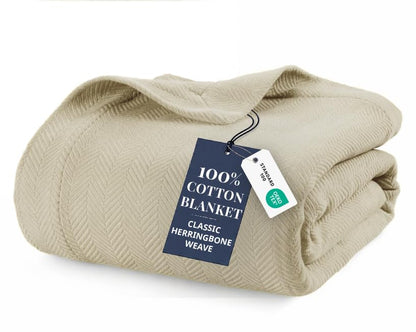 LANE LINEN 100% Cotton Blanket Queen, Textured Herringbone Weave - color: 05: Sand, size: Queen