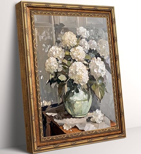 Vintage Gold Framed Hydrangea Wall Art - White Hydrangea Floral Still Life Oil Painting Print, Neutral Flower Vase Artwork for Farmhouse French Country Wall Decor, Ready to Hang 9x11in - color: Hydrangea, size: 9"L x 11"W