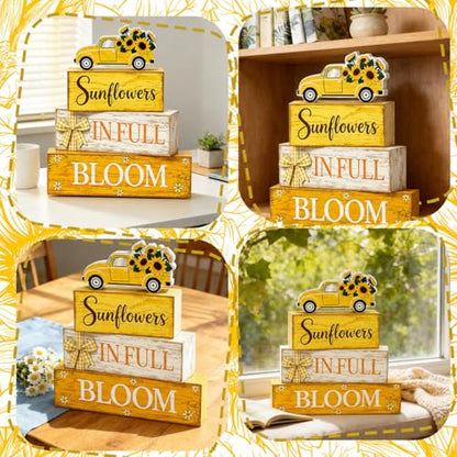 4 Pcs Summer Sunflower Table Decor, Wooden Sunflower Tiered Tray Decor with Truck, Rustic Farmhouse Yellow Block Tabletop Centerpiece for Home Kitchen Office Coffee Bar Fireplace Mantel Floating Shelf - style: Car