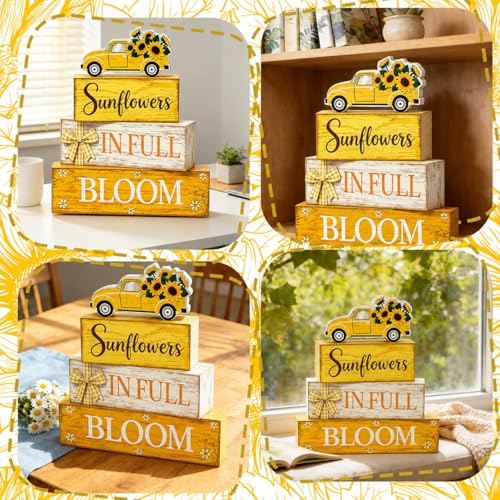4 Pcs Summer Sunflower Table Decor, Wooden Sunflower Tiered Tray Decor with Truck, Rustic Farmhouse Yellow Block Tabletop Centerpiece for Home Kitchen Office Coffee Bar Fireplace Mantel Floating Shelf - style: Car