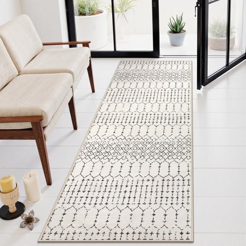 Lahome Moroccan Washable 2x6 Runner Rug, Non-Slip Beige Kitchen Hallway Runner Rug, Ultra Soft Geometric Print Distressed Floor Carpet for Hallways Entryway Bedroom Laundry Hana - color: Beige, size: 2' x 6' (Runner)