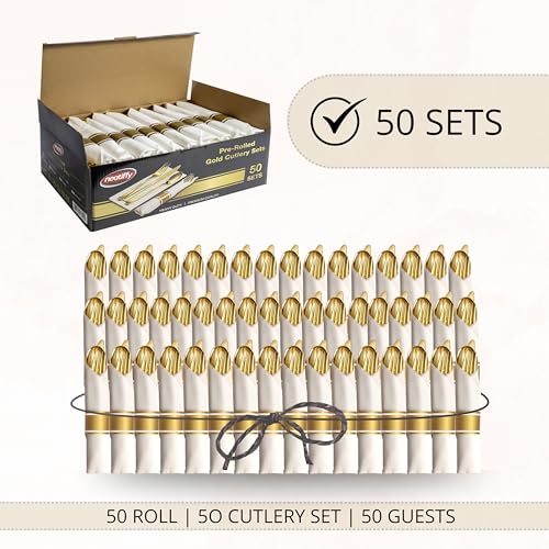 Neatiffy 50 Pack Gold Plastic Silverware Set, Pre Rolled Napkin and Cutlery Set with 50 Forks, 50 Knives, 50 Spoons, 50 Napkins, Utensils, Silverware for Parties, Weddings and Birthdays - color: Gold Napkin Cutlery