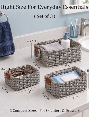 Small Wicker Baskets, 3 PCS Paper Rope Baskets for Shelves, Gray - color: Gray