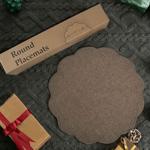 AHHFSMEI Round Scalloped Placemats Set of 6 15 Inch Faux Linen - color: Brown