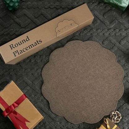 AHHFSMEI Round Scalloped Placemats Set of 6 15 Inch Faux Linen - color: Brown