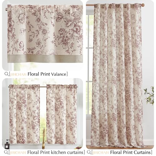 jinchan Red Floral Linen Kitchen Tier Curtains and Valance Set 3 Pieces - color: Alice | Red on Linen, size: 26"W x 36"L (Pack of 3)