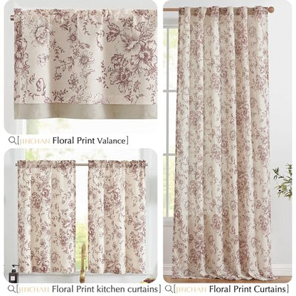 jinchan Red Floral Linen Kitchen Tier Curtains and Valance Set 3 Pieces - color: Alice | Red on Linen, size: 26"W x 36"L (Pack of 3)