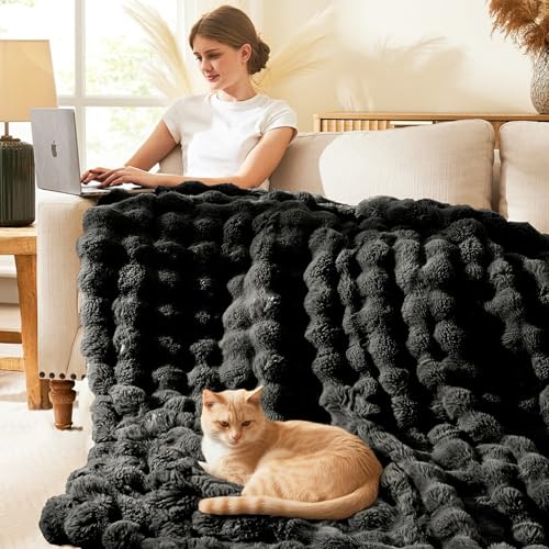 L'AGRATY Faux Rabbit Fur Throw Blanket for Couch, 90'' x 90'', Black - color: Pure Black, size: 90" x 90"
