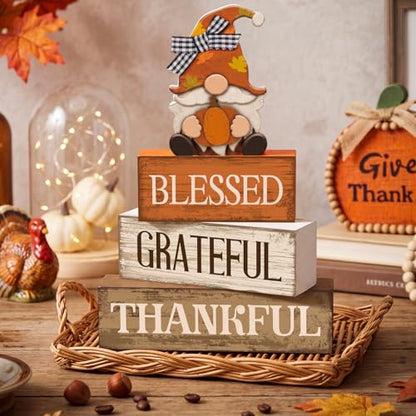 Lineshading 4 Pcs Thanksgiving Table Decor, Blessed Gnome Wooden Block Sign - style: Blessed Gnome