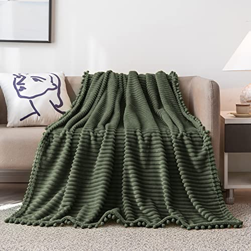 DISSA Fleece Blanket Throw Size – 51x63, Olive Green – Soft, Plush, Fluffy, Fuzzy, Warm, Cozy – Perfect Throw for Couch, Bed, Sofa - with Pompom Fringe - Flannel Blanket Throw Blanket - color: Olive Green, size: 51x63"