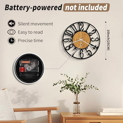 Maxstar 10" Silent Wall Clock – Battery Operated, Rustic Metal & Wood - color: Yellow, size: 10 Inch